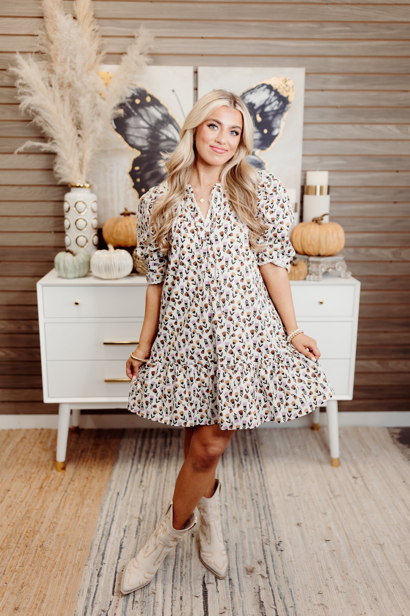 Almond Floral Scallop Trim Puff Sleeve Mini Dress