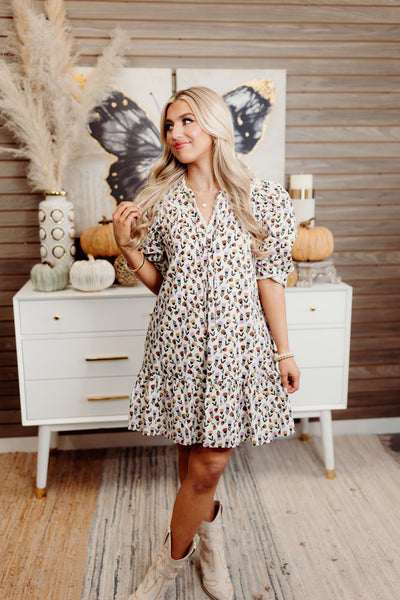 Almond Floral Scallop Trim Puff Sleeve Mini Dress