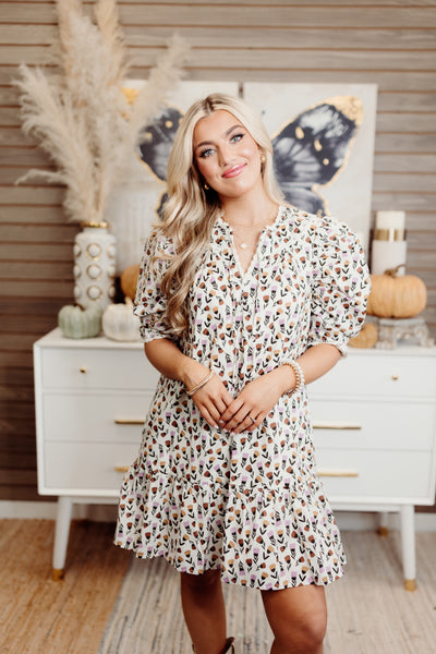 Almond Floral Scallop Trim Puff Sleeve Mini Dress