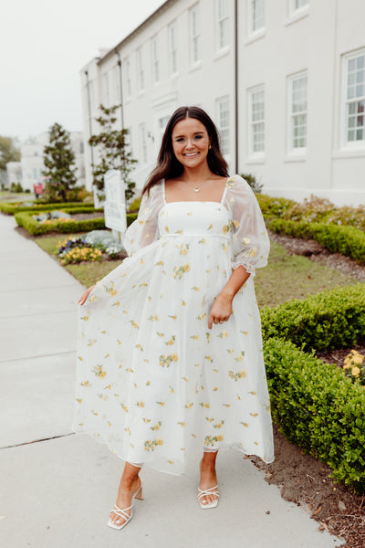 White and Yellow Daisy Embroidered Baby Doll Midi Dress