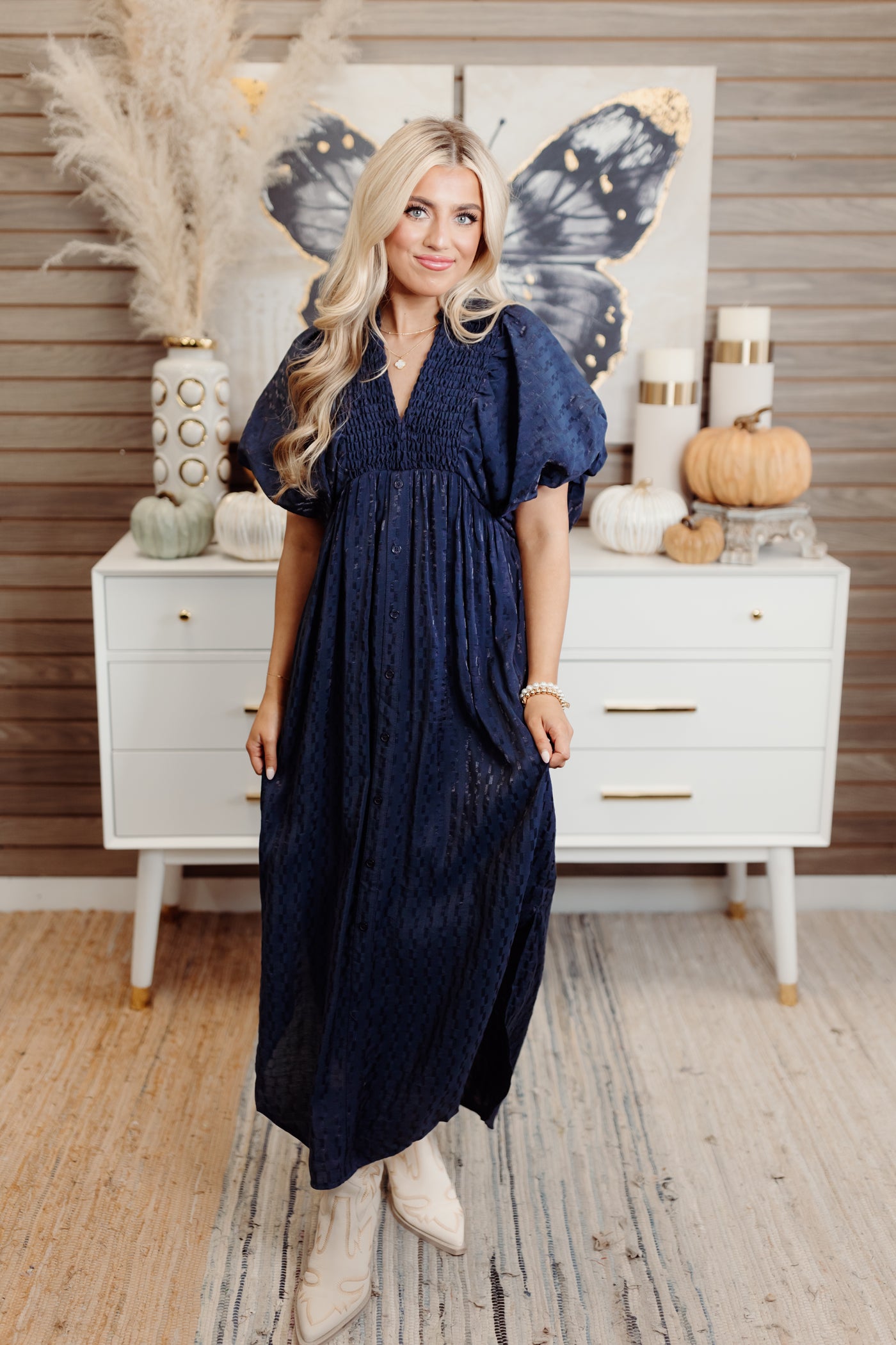 Navy Textured Puff Sleeve Button Down Midi Dress