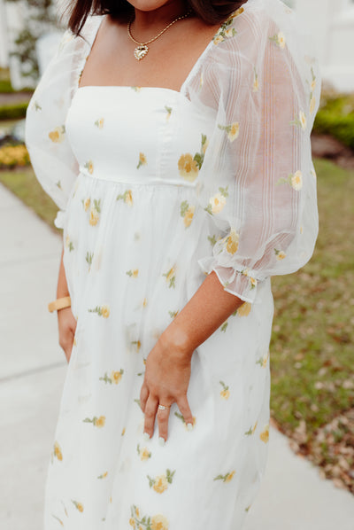 White and Yellow Daisy Embroidered Baby Doll Midi Dress