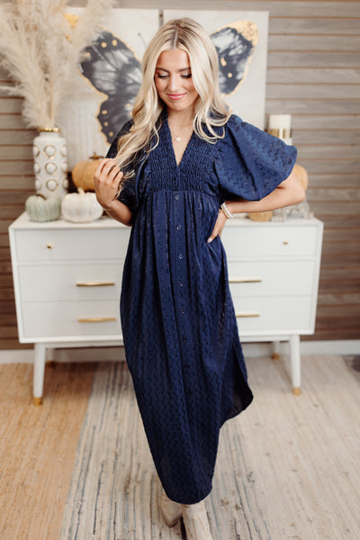 Navy Textured Puff Sleeve Button Down Midi Dress