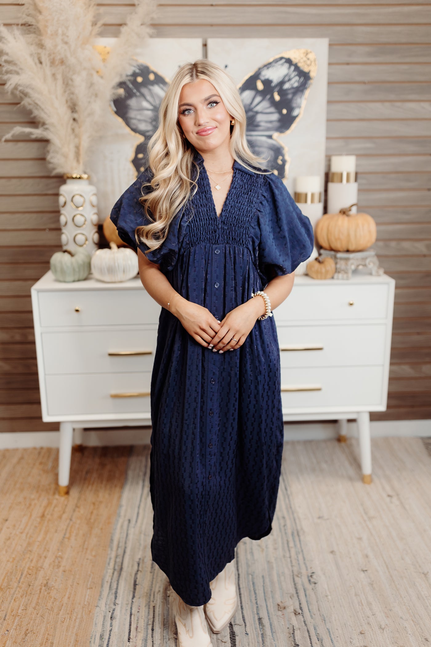 Navy Textured Puff Sleeve Button Down Midi Dress