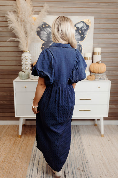 Navy Textured Puff Sleeve Button Down Midi Dress