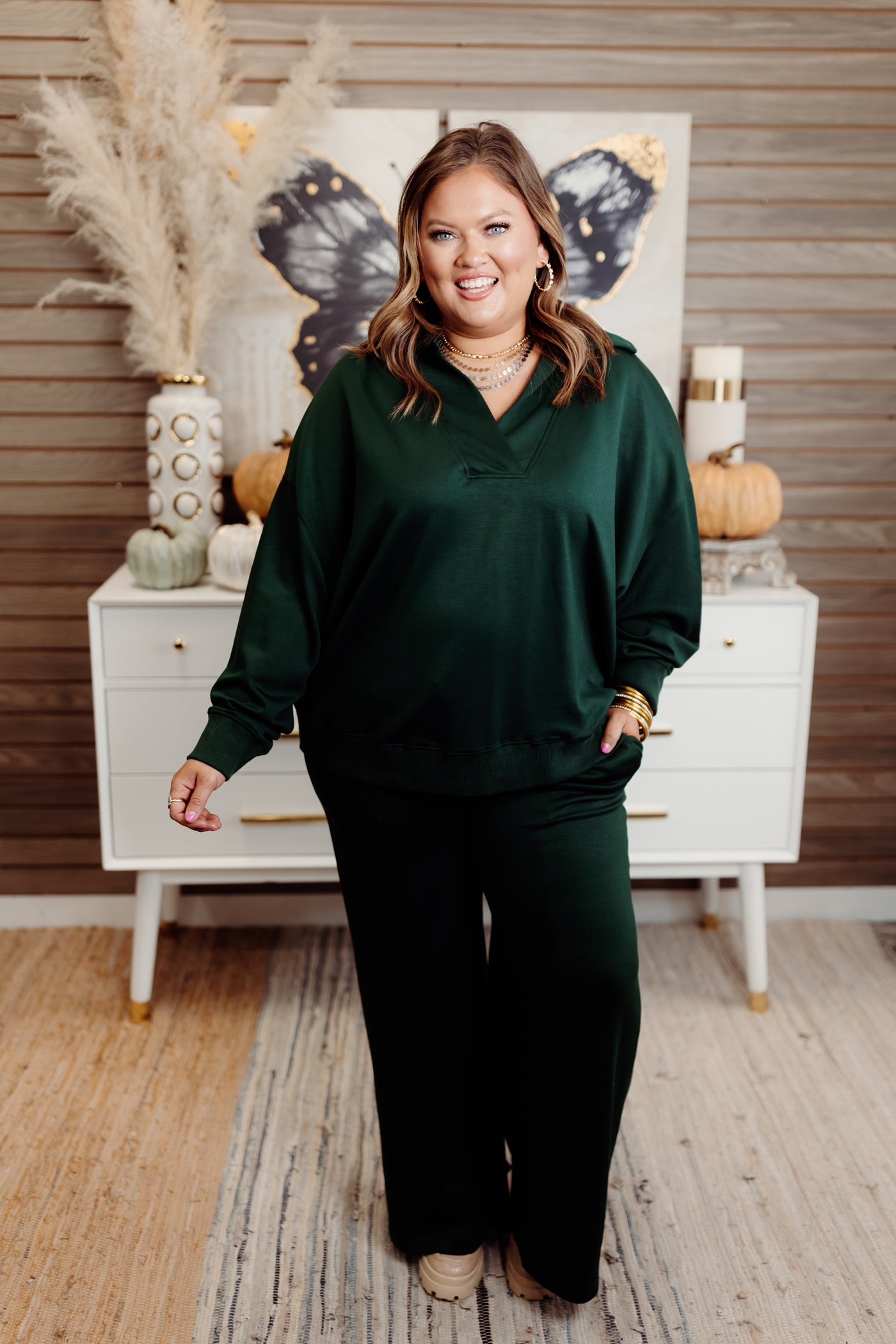 Evergreen Butter Soft Notch Neck Pullover and Pant Set