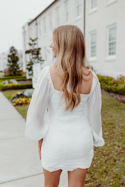 White Satin Bow Detail Sheer Sleeve Dress