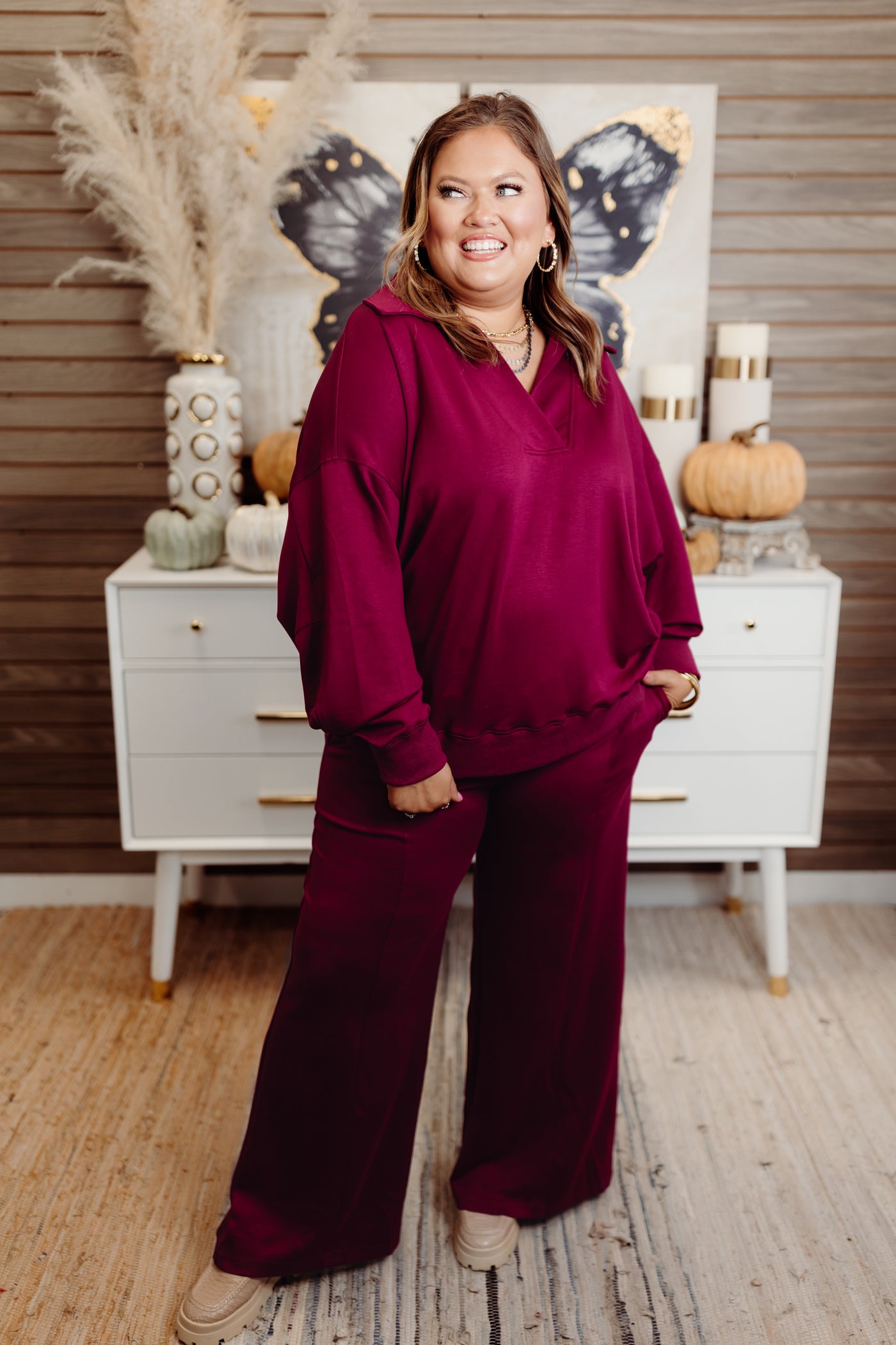 Merlot Butter Soft Notch Neck Pullover and Pant Set