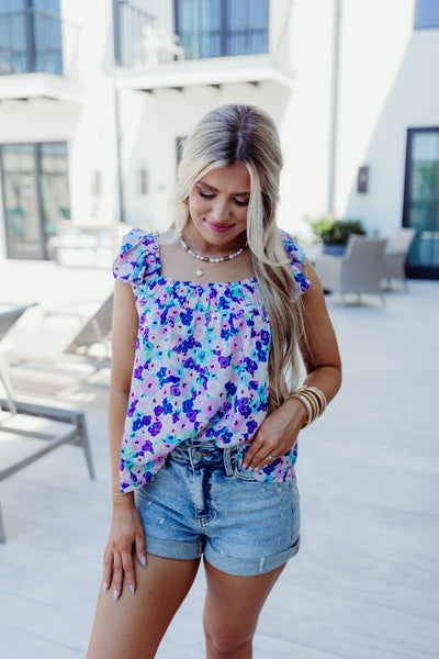 Blue Multi Floral Square Neck Flutter Blouse