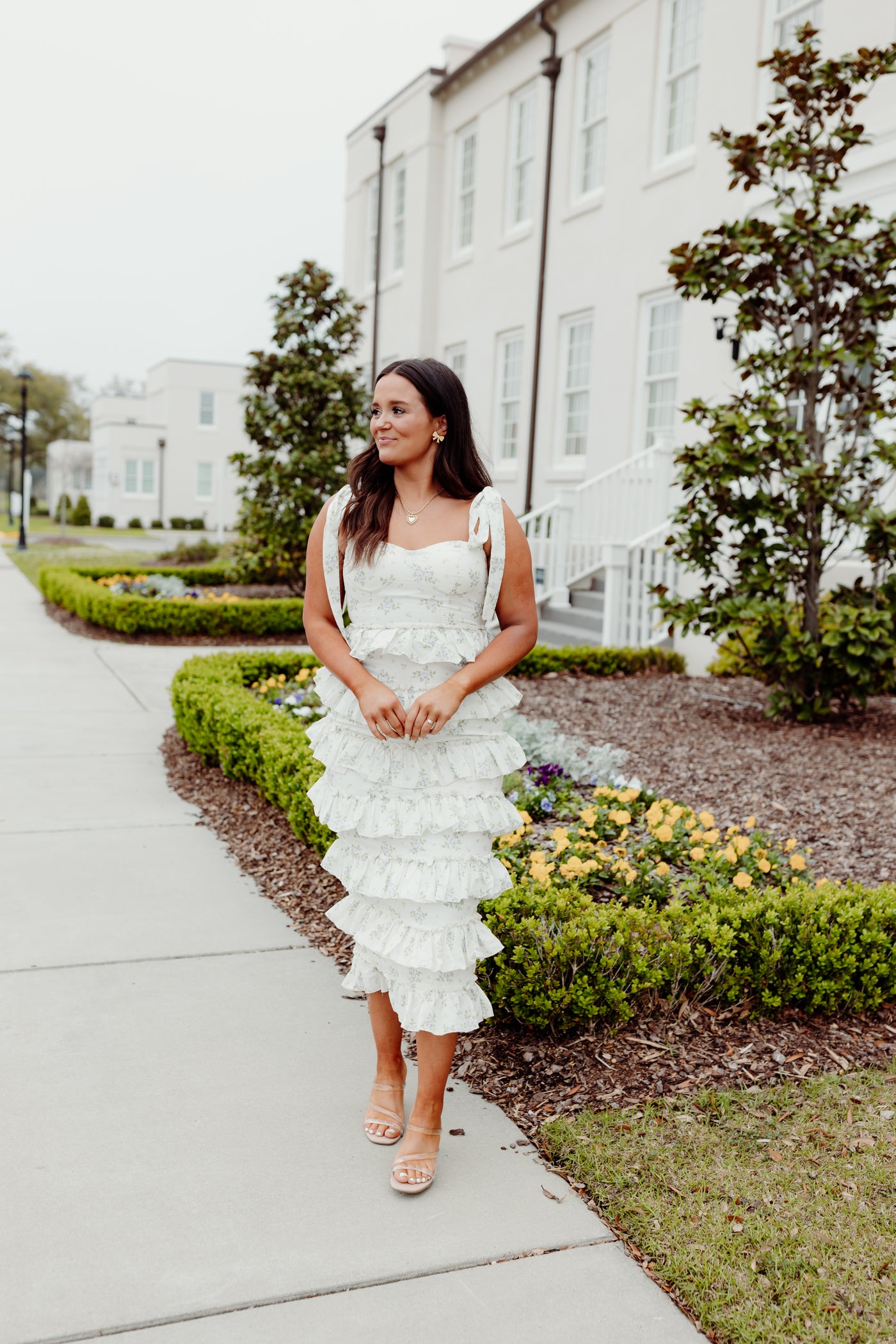 Off White Floral Ruffle Tiered Tie Detail Midi Dress