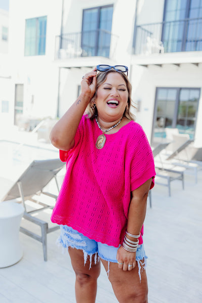 Hot Pink Textured Relaxed Fit Sweater Top