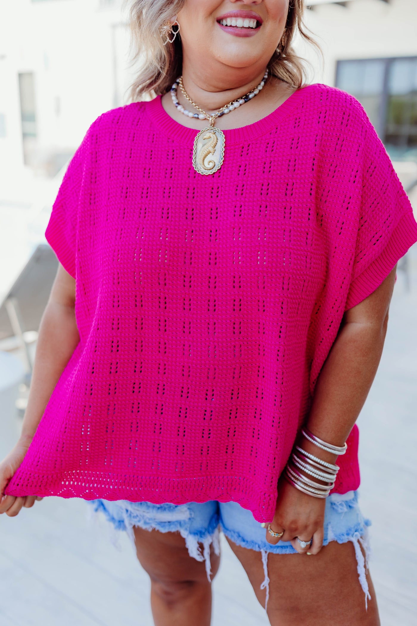 Hot Pink Textured Relaxed Fit Sweater Top