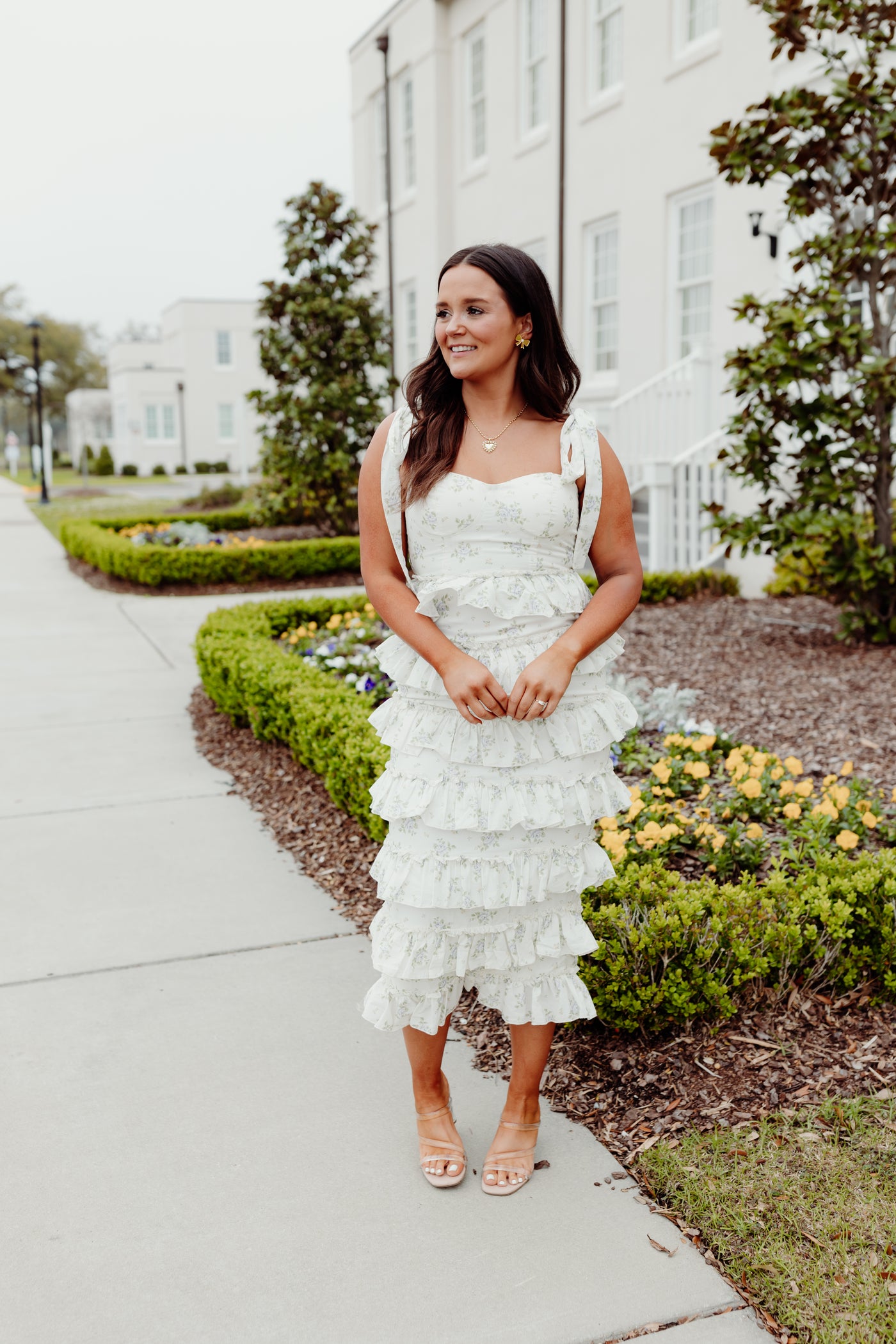 Off White Floral Ruffle Tiered Tie Detail Midi Dress