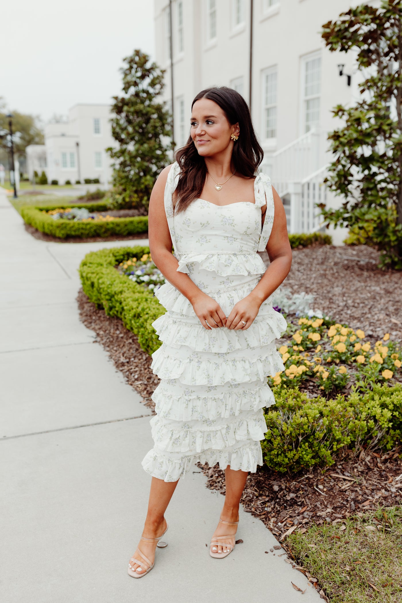 Off White Floral Ruffle Tiered Tie Detail Midi Dress