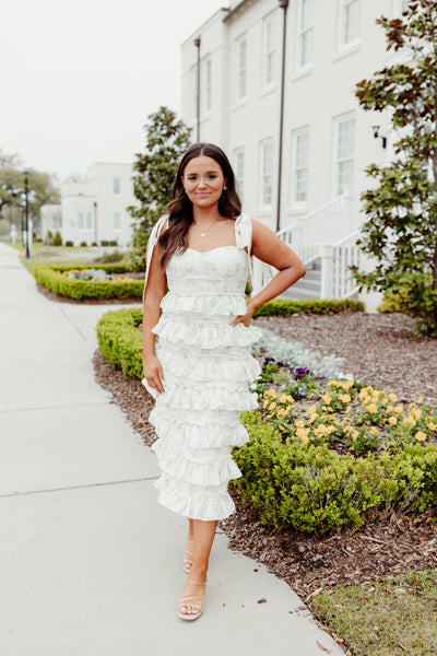 Off White Floral Ruffle Tiered Tie Detail Midi Dress