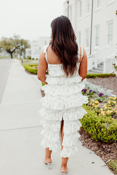 Off White Floral Ruffle Tiered Tie Detail Midi Dress