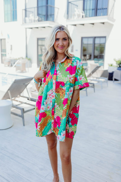 Green Multi Jungle Print Button Down Shirt Dress