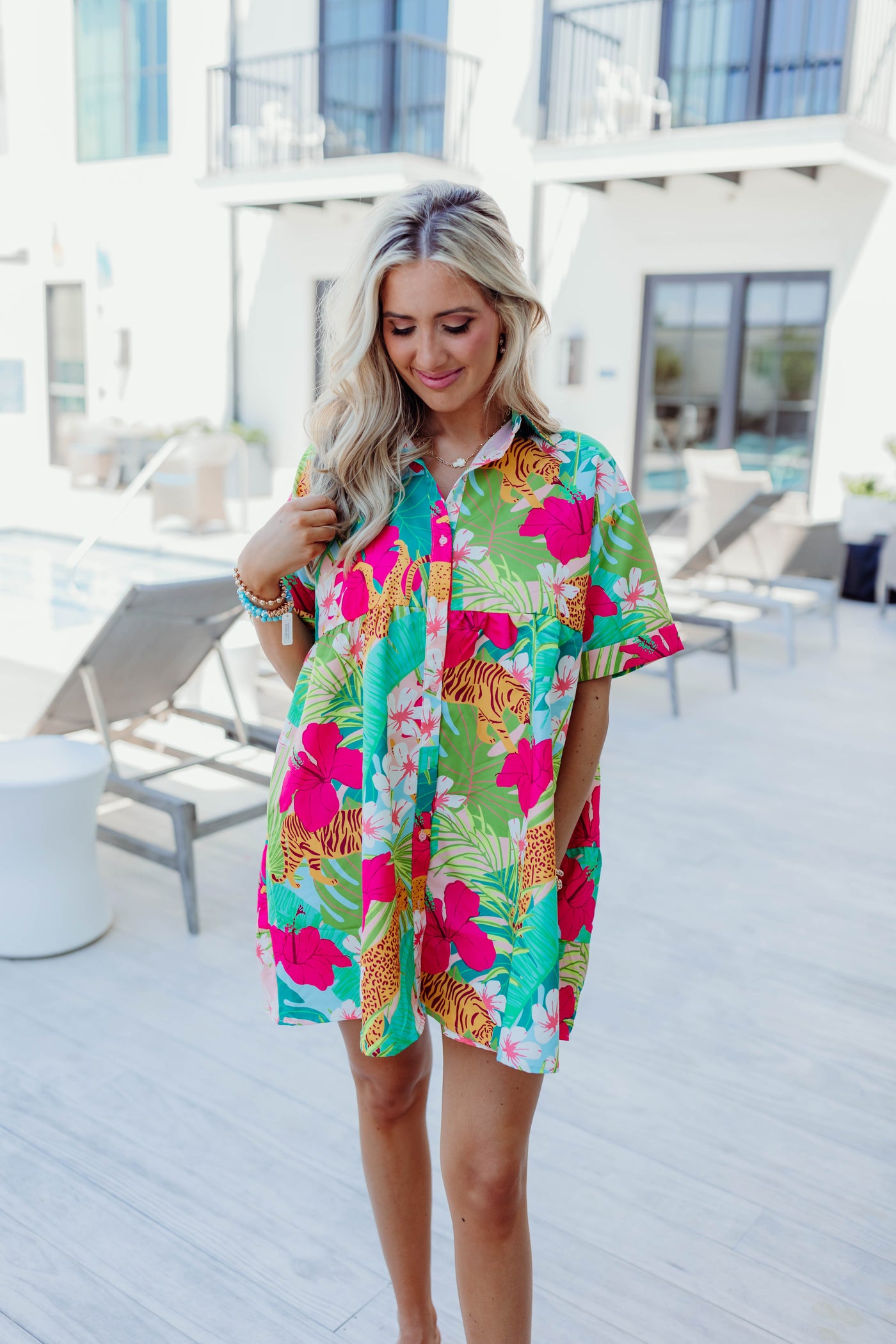 Green Multi Jungle Print Button Down Shirt Dress