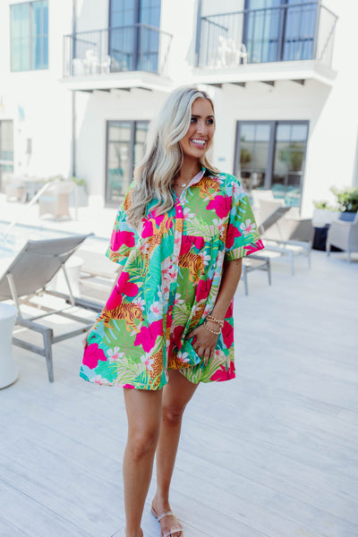 Green Multi Jungle Print Button Down Shirt Dress