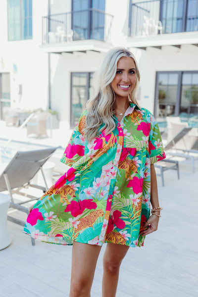 Green Multi Jungle Print Button Down Shirt Dress