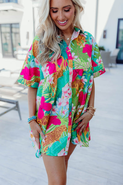 Green Multi Jungle Print Button Down Shirt Dress