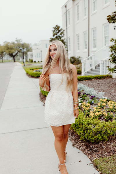 Cream Floral Embroidered Strapless Corset Mini Dress