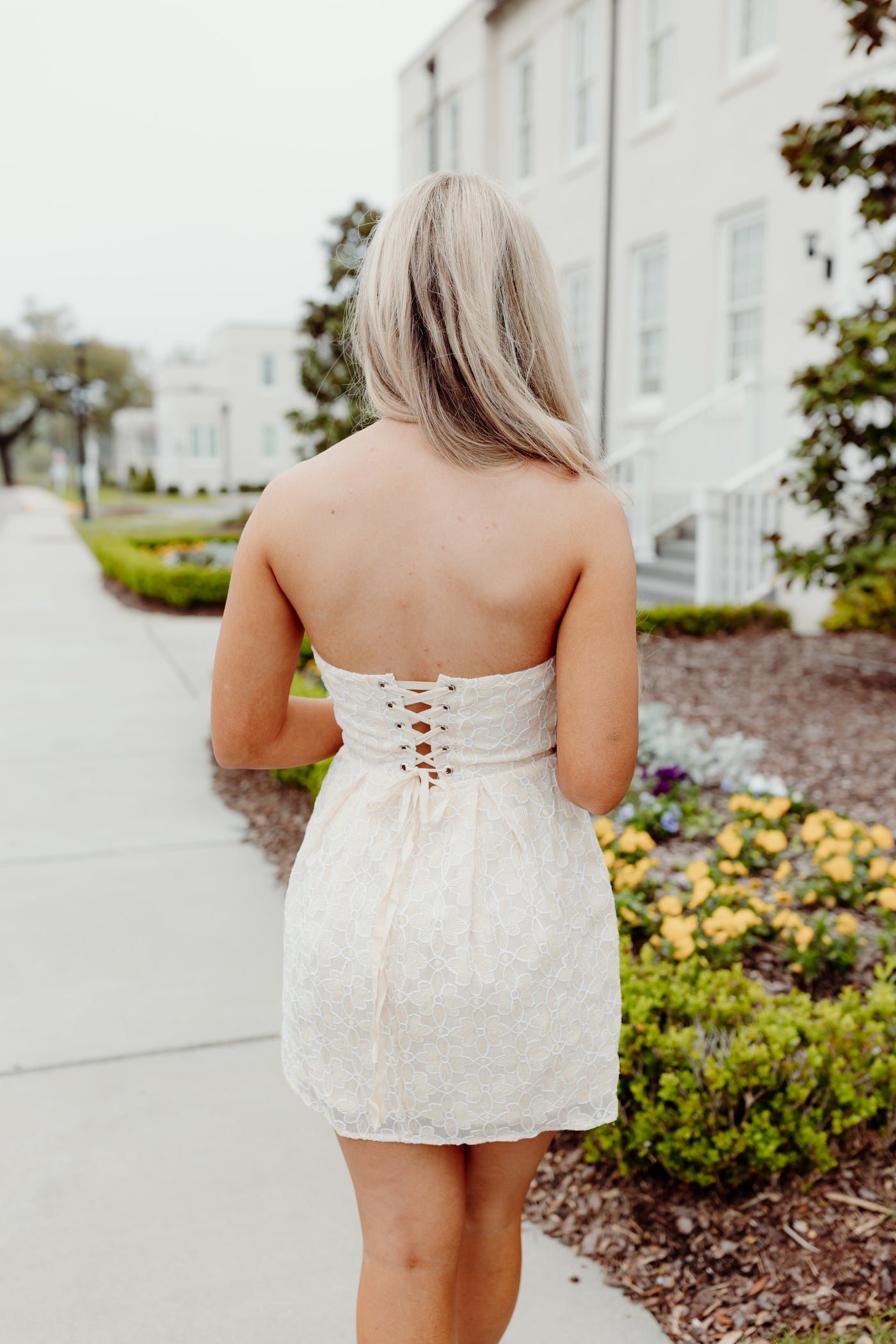 Cream Floral Embroidered Strapless Corset Mini Dress