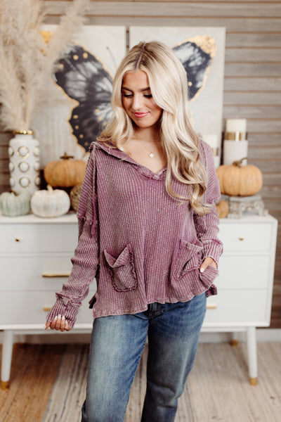 Plum Mineral Washed Rib Knit Hoodie Pullover