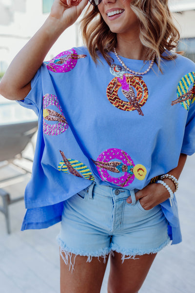 Light Blue Sequin Pool Float Short Sleeve Tee