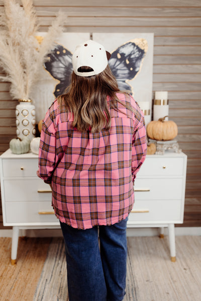 Pink Mineral Washed Frayed Seam Flannel Shirt