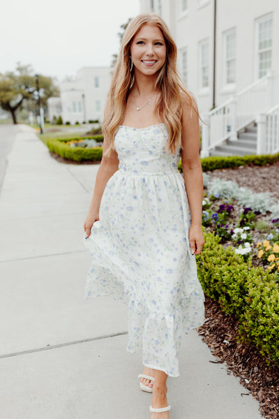 Off White Blue Floral Textured Bustier Ruffle Midi Dress