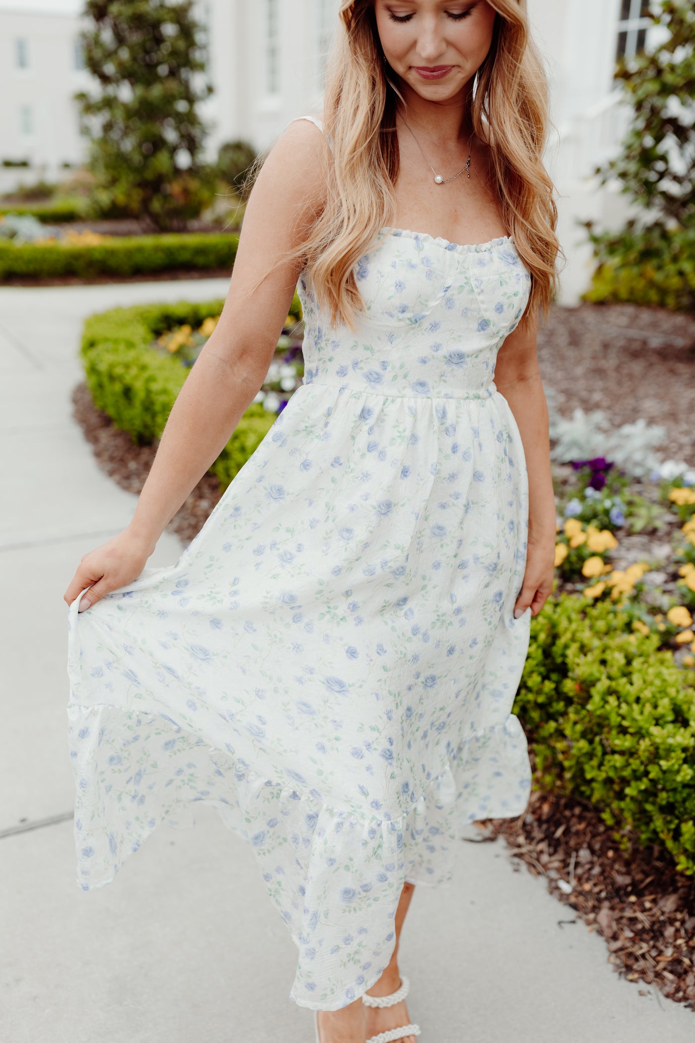 Off White Blue Floral Textured Bustier Ruffle Midi Dress