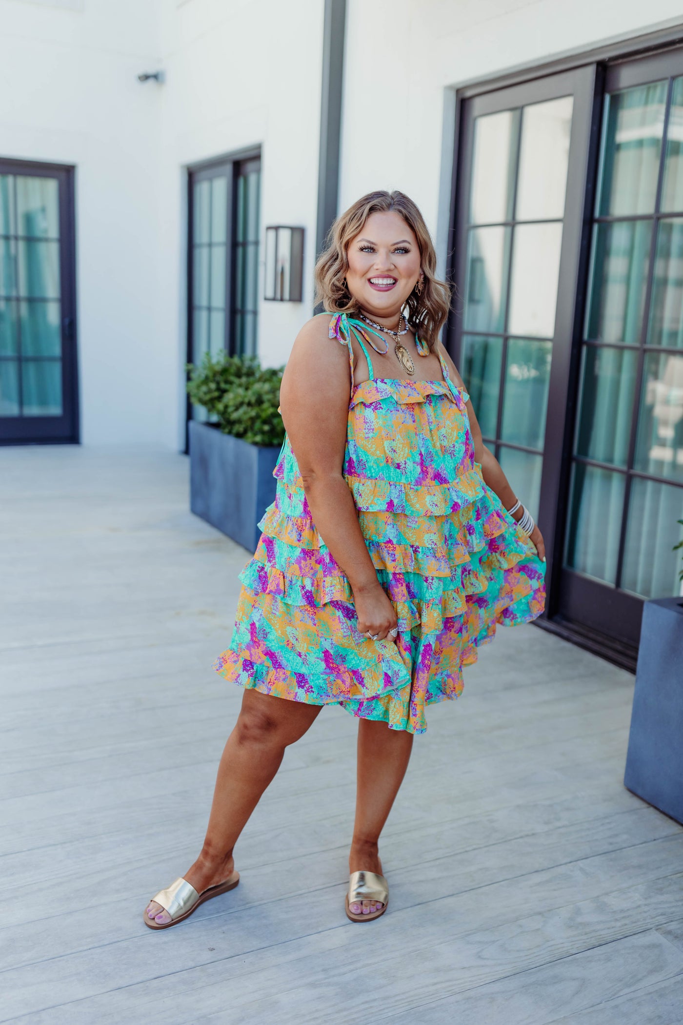 Mint/Yellow Multi Splatter Print Ruffle Dress