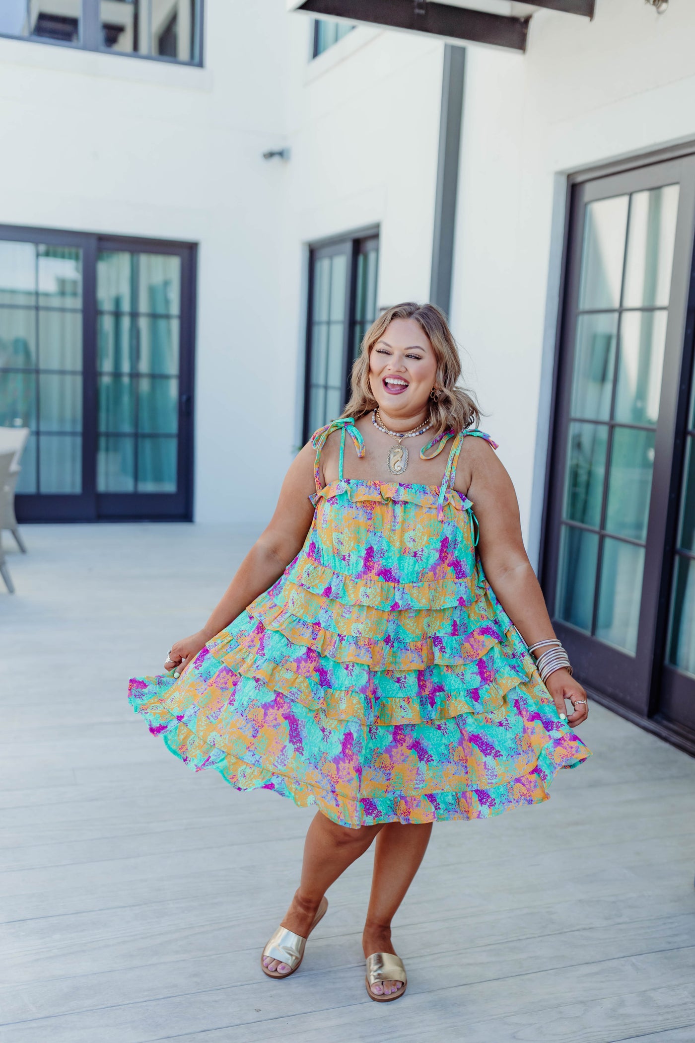 Mint/Yellow Multi Splatter Print Ruffle Dress