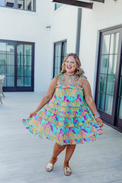 Mint/Yellow Multi Splatter Print Ruffle Dress