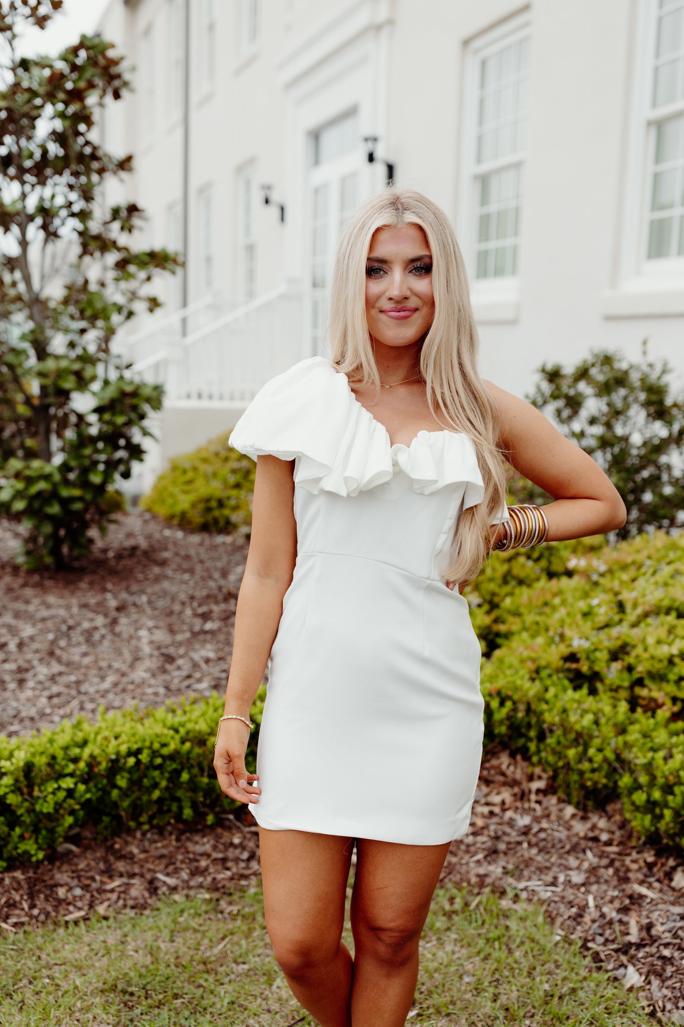 Off White One Shoulder Ruffle Dress