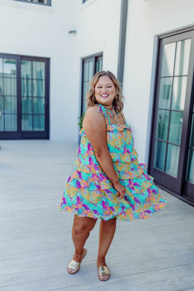 Mint/Yellow Multi Splatter Print Ruffle Dress