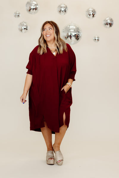 Wine 3/4 Sleeve Oversized High Low Hem Dress