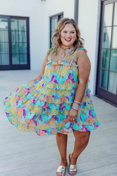 Mint/Yellow Multi Splatter Print Ruffle Dress