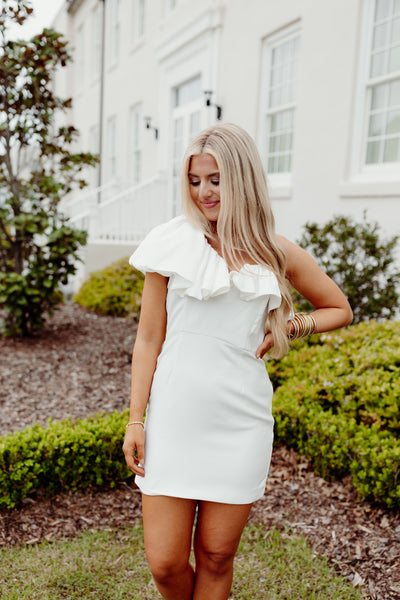 Off White One Shoulder Ruffle Dress