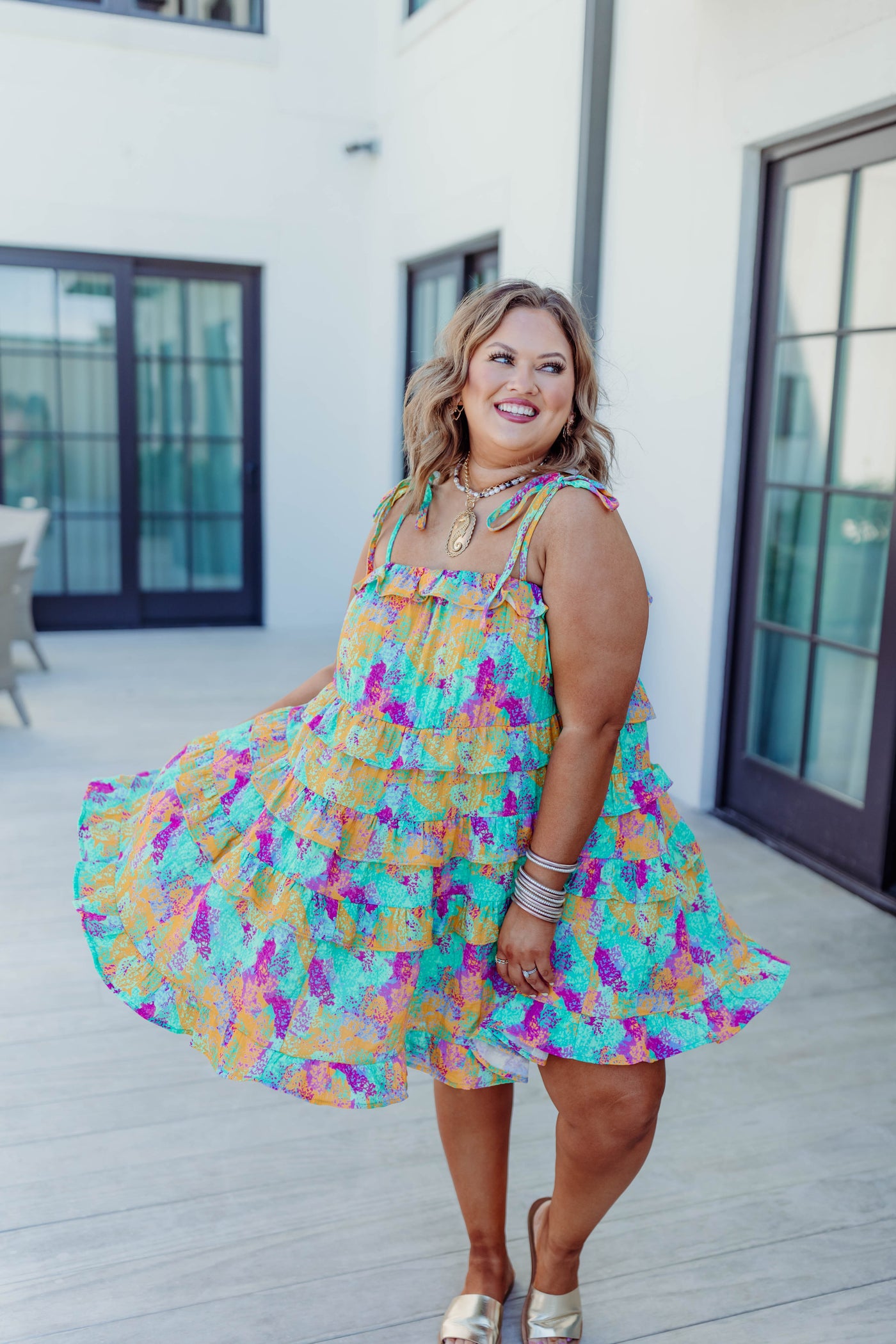 Mint/Yellow Multi Splatter Print Ruffle Dress