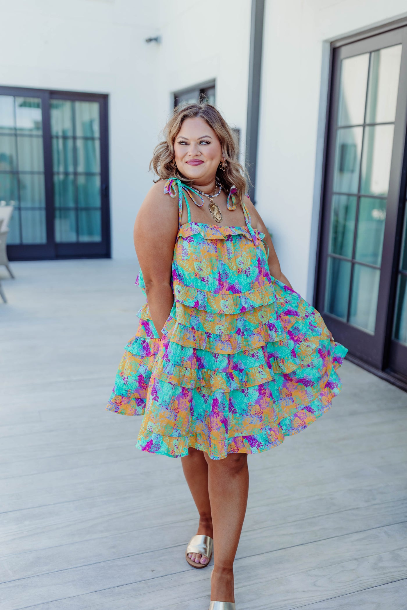 Mint/Yellow Multi Splatter Print Ruffle Dress