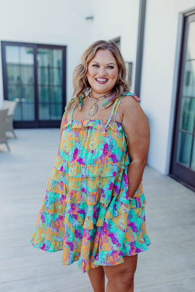 Mint/Yellow Multi Splatter Print Ruffle Dress