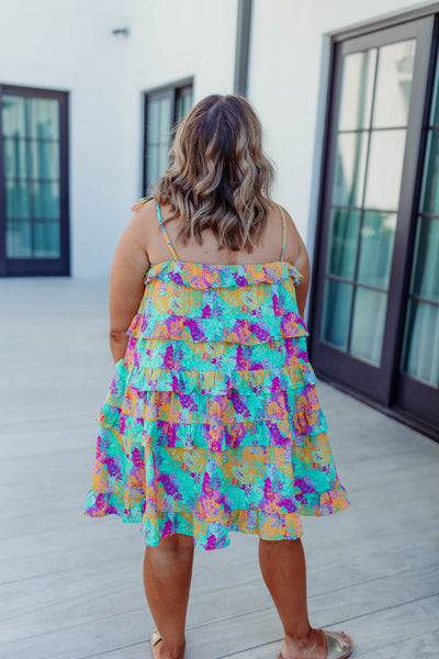 Mint/Yellow Multi Splatter Print Ruffle Dress