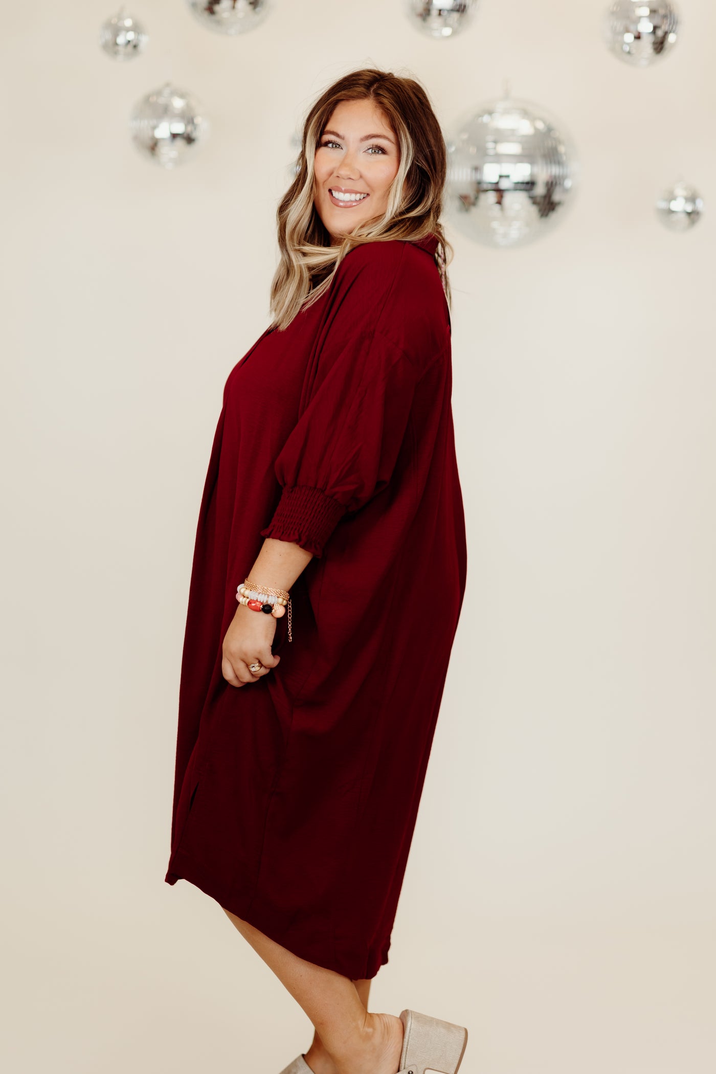 Wine 3/4 Sleeve Oversized High Low Hem Dress