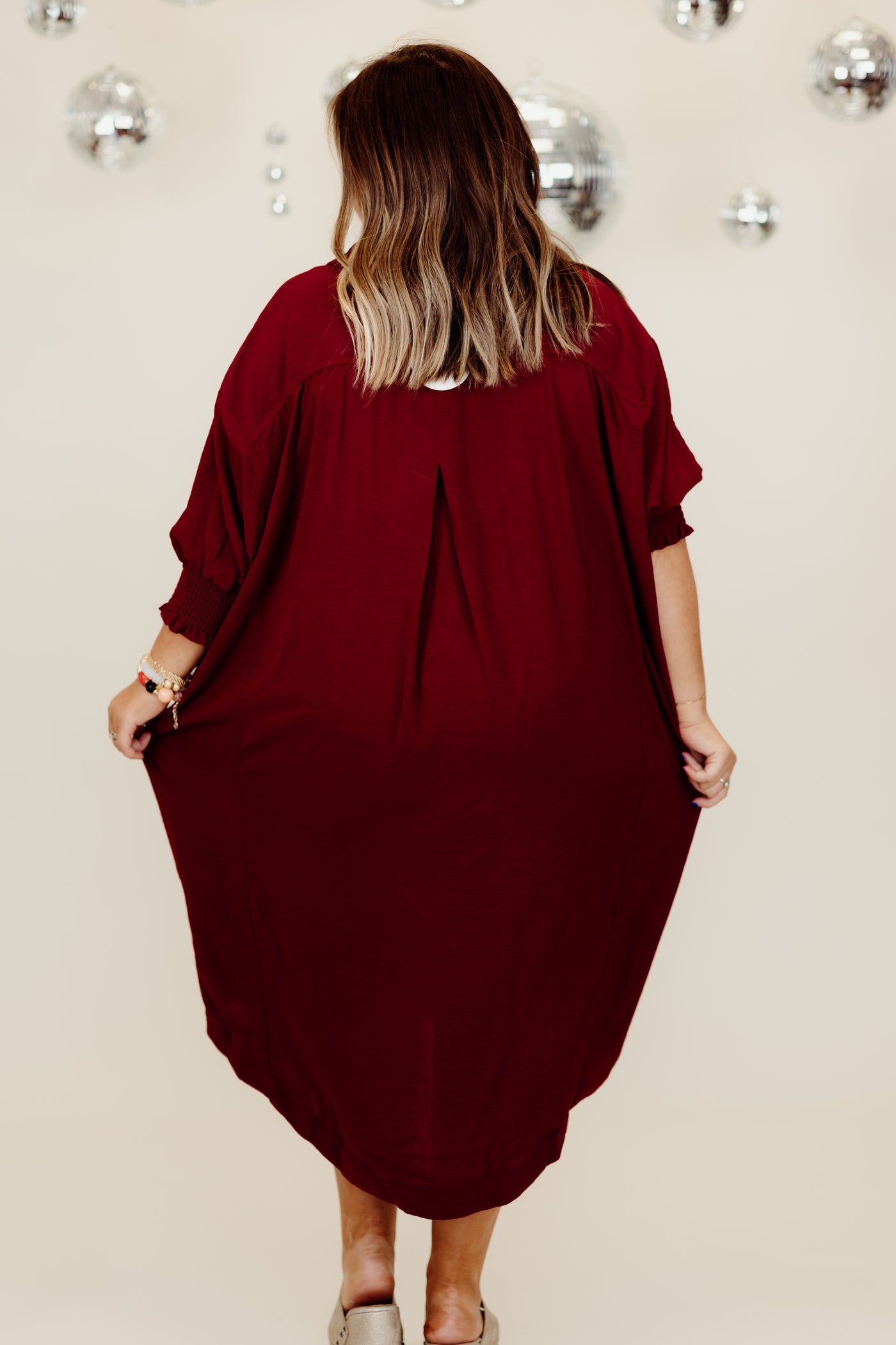 Wine 3/4 Sleeve Oversized High Low Hem Dress