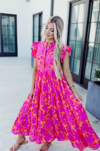 Karlie Pink Floral Tropical Button Tier Maxi Dress