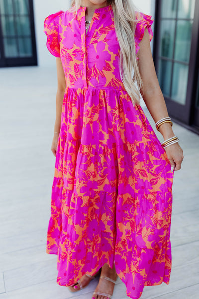 Karlie Pink Floral Tropical Button Tier Maxi Dress