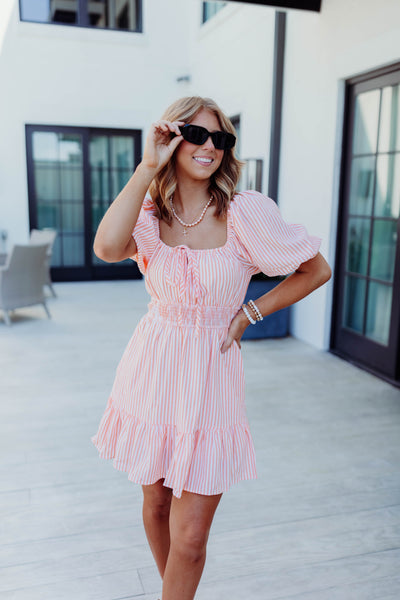 Orange Striped Sweetheart Tie Detail Puff Sleeve Dress