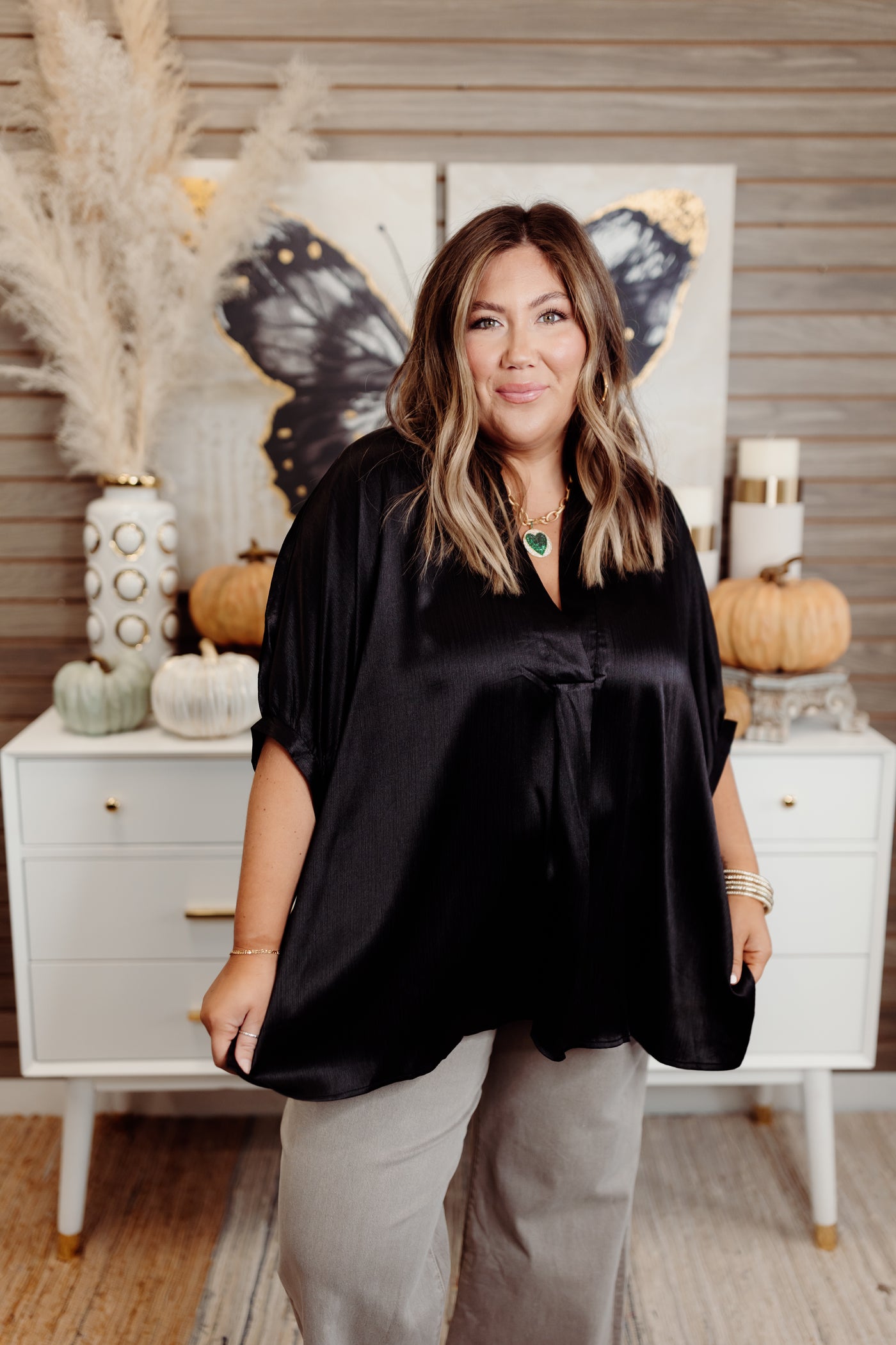 Black Simple V-Neck Oversized Satin Blouse